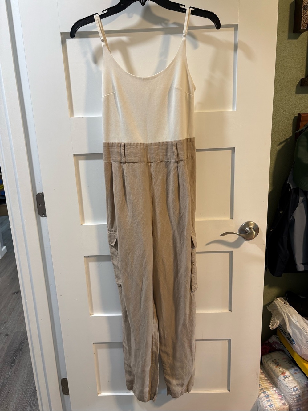 Express Linen Blend Utility Cargo Wide Leg Jumpsuit Small Ivory Taupe - Picture 2 of 10